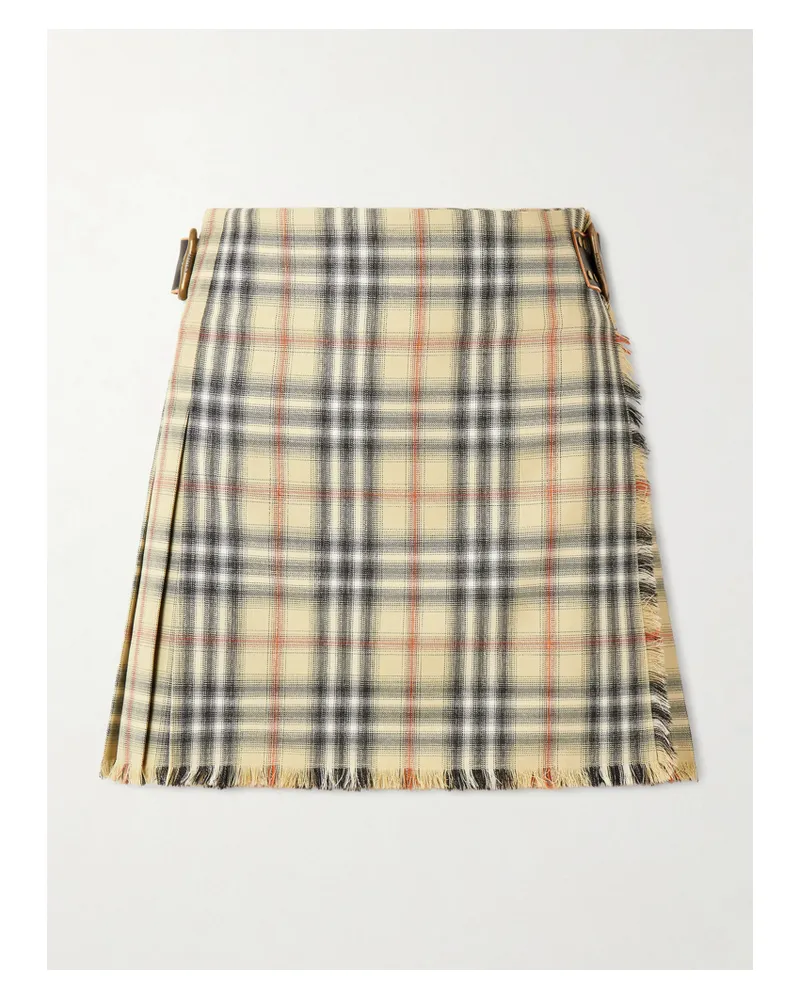 Burberry Leather-trimmed Pleated Checked Wool Mini Skirt - Neutrals Neutrals