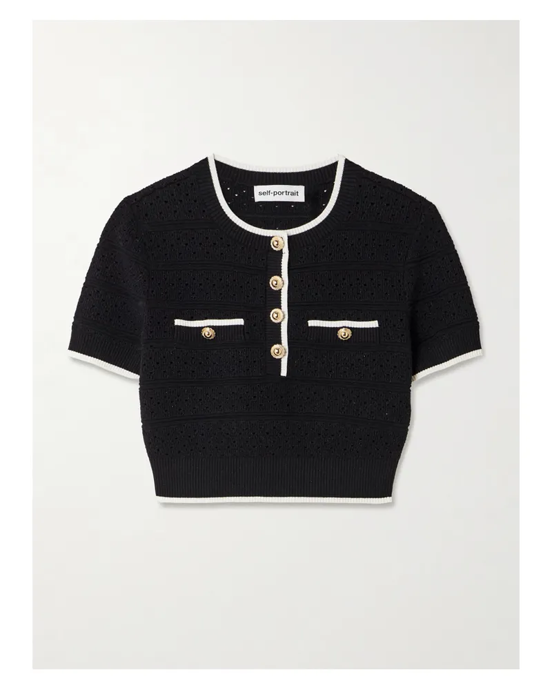 Self-Portrait Cropped Button-embellished Metallic Cotton-blend Pointelle-knit Top - Black Black