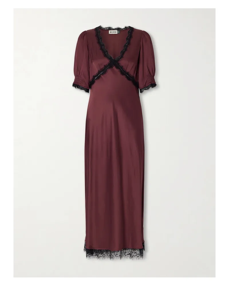 RIXO Annina Lace-trimmed Satin Midi Dress - Burgundy Burgundy