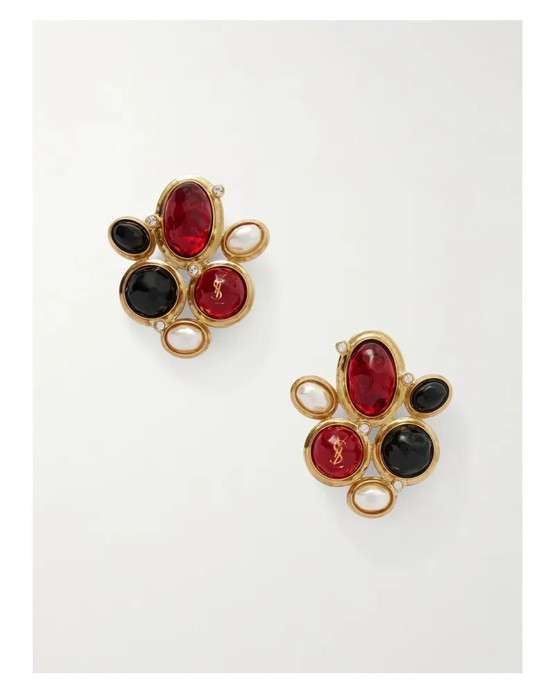 Saint Laurent Goldfarbene Ohrclips Mit Harz, Kunstperlen Und Kristallen Gold