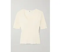 T-shirt Aus Geripptem Bouclé Aus Einer Baumwollmischung Mit Picot-besatz - Creme
