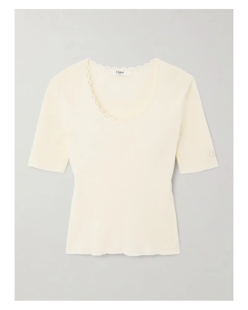 Chloé T-shirt Aus Geripptem Bouclé Aus Einer Baumwollmischung Mit Picot-besatz - Creme Creme