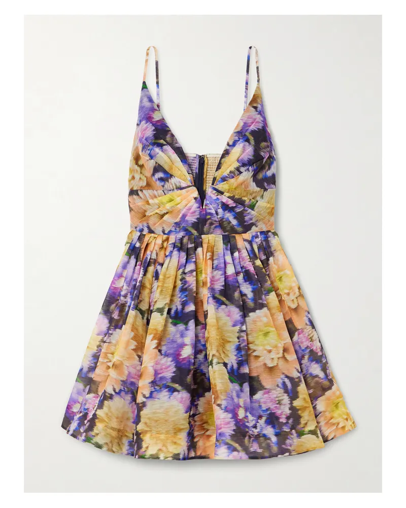 Zimmermann Luna Gathered Floral-print Linen And Silk-blend Mini Dress - Multi Multi