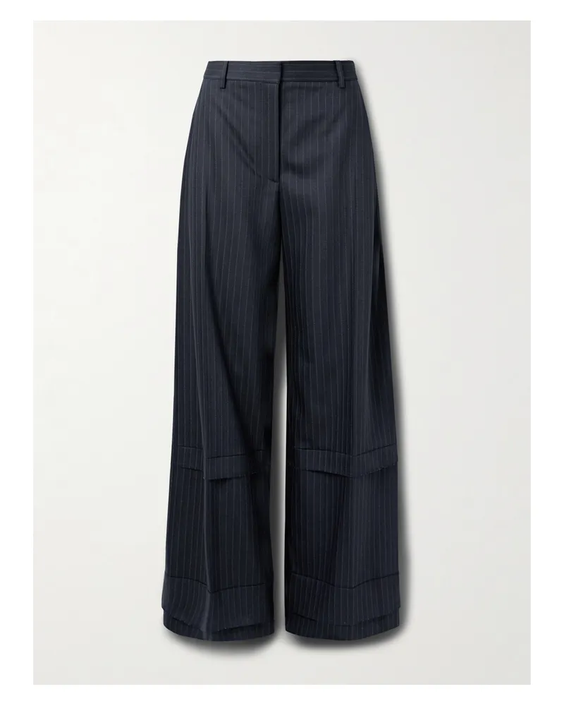 KHAITE Linden Tiered Pinstriped Herringbone Twill Wide-leg Pants - Blue Blue