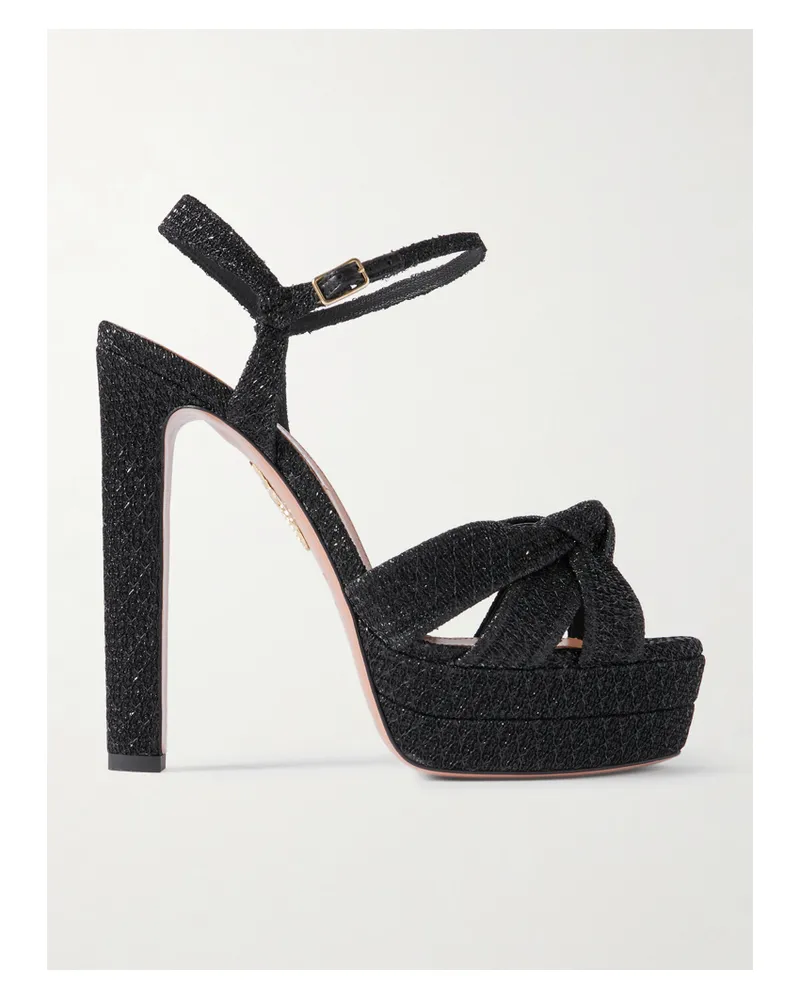 Aquazzura Nina Plateau 130 Knotted Metallic Woven Platform Sandals - Black Black