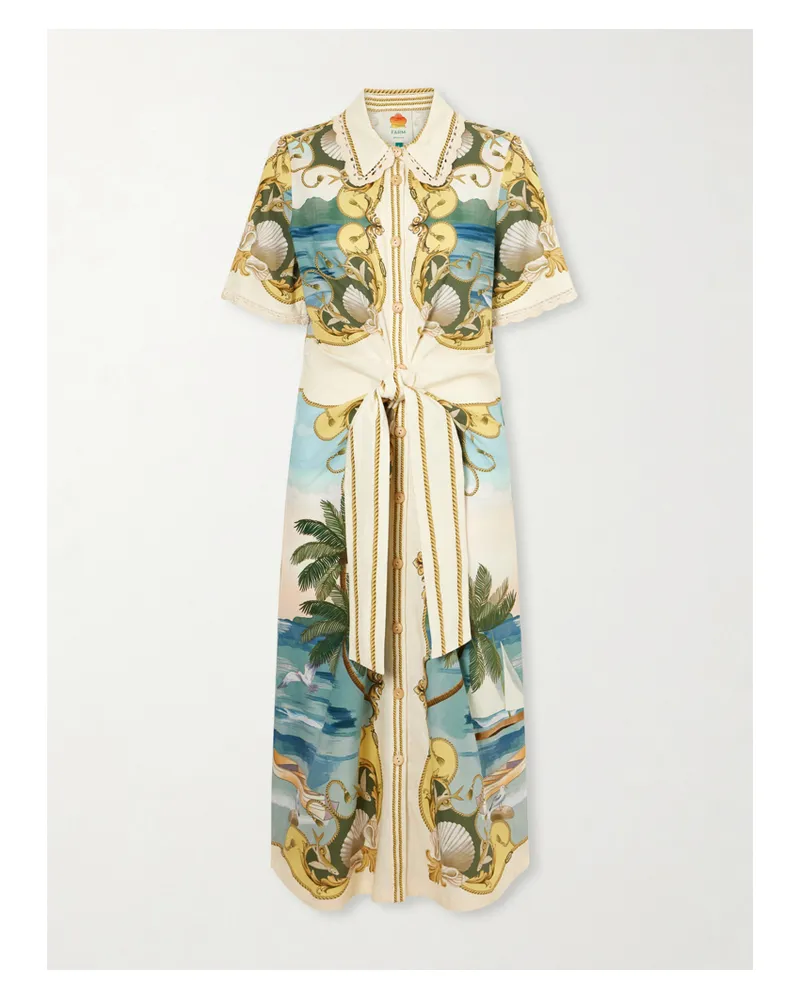 FARM Rio Royal Sea Tie-detailed Lace-trimmed Printed Linen-blend Midi Dress - Multi Multi
