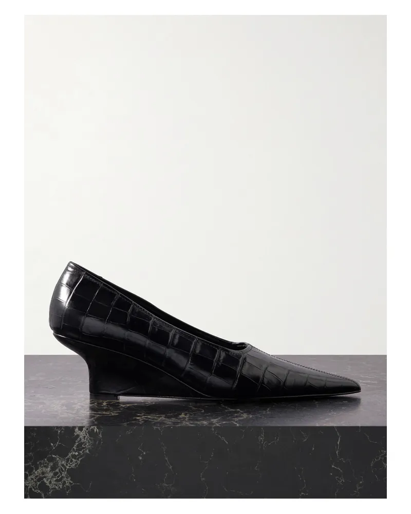 Totême Croc-effect Leather Wedge Pumps - Black Black