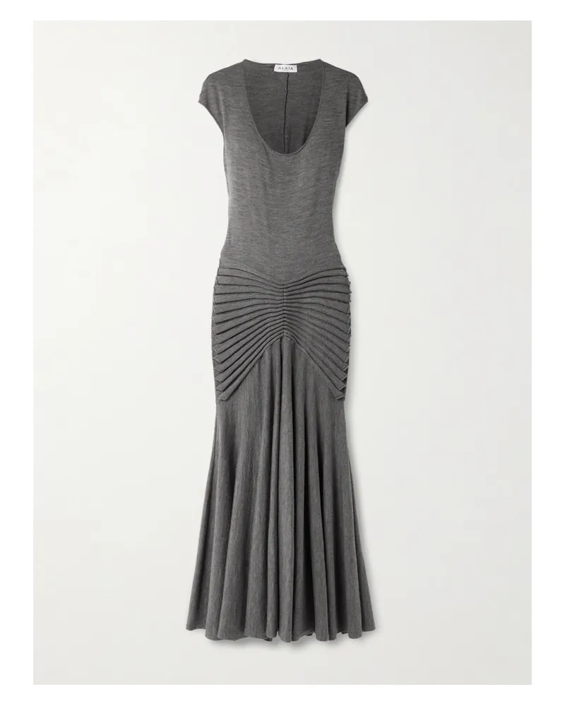 Alaïa Pleated Wool Maxi Dress - Gray Gray