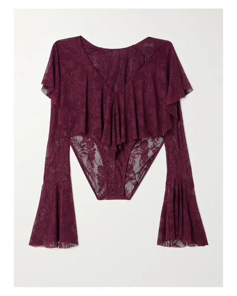 Norma Kamali Ruffled Stretch-lace Bodysuit - Purple Purple