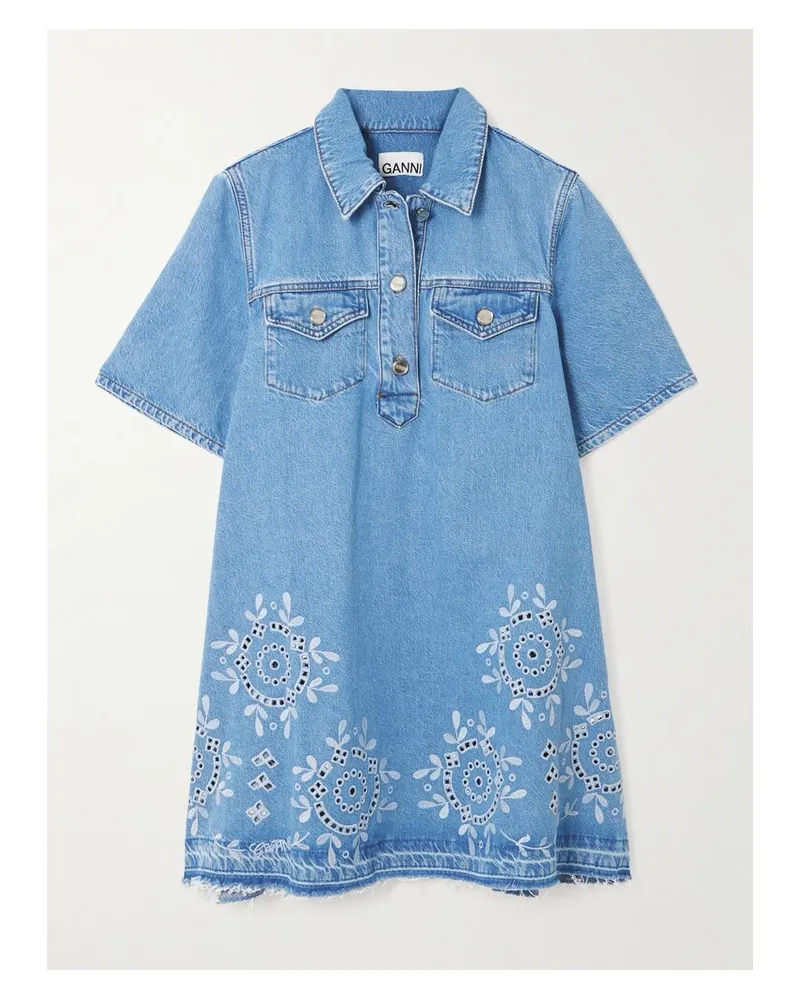Ganni Mini-hemdblusenkleid Aus Denim Mit Lochstickerei Und Fransen - Blau Blau