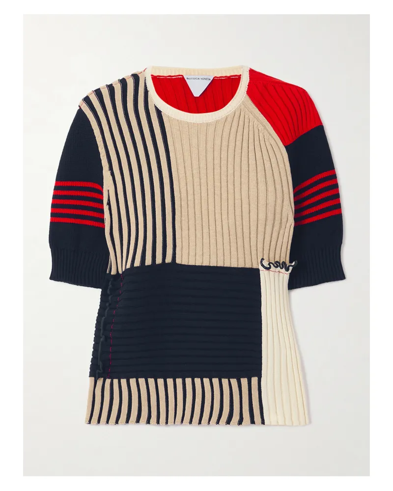 Bottega Veneta Patchwork Ruffled Striped Ribbed Cotton Sweater - Multi Multi