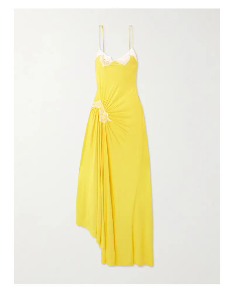 Christopher Esber Delphin Asymmetric Gathered Lace-trimmed Ribbed Jersey Midi Dress - Yellow Yellow
