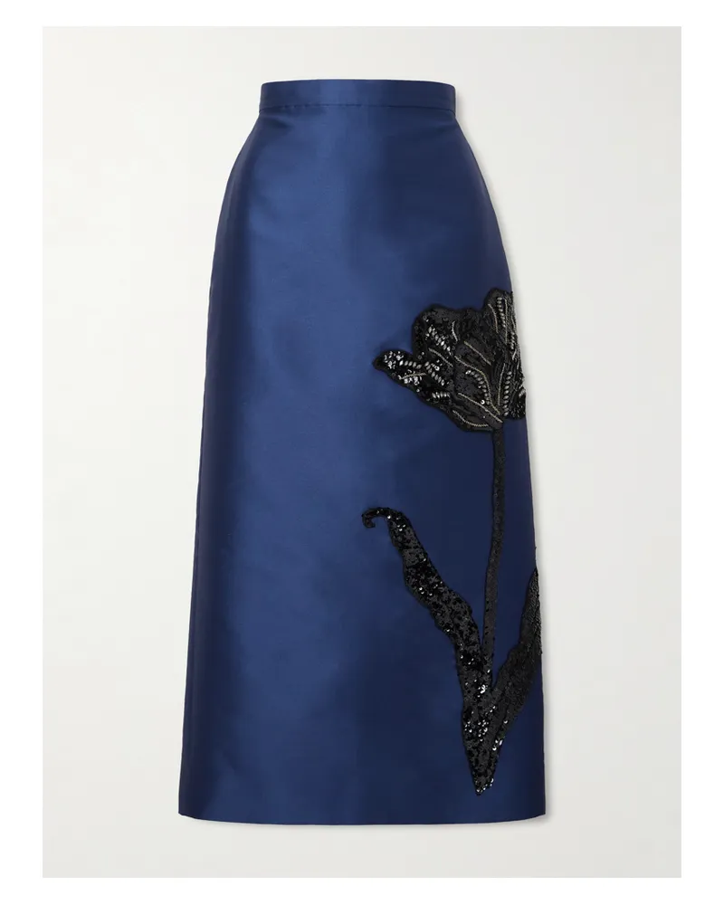 Erdem Sequined Embroidered Satin Midi Skirt - Blue Blue