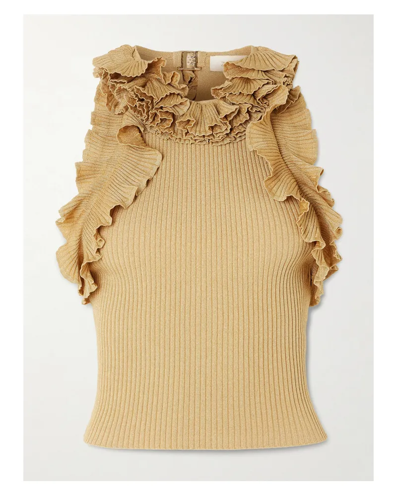 Zimmermann Luna Cropped Ruffled Metallic Ribbed-knit Top - Gold Gold