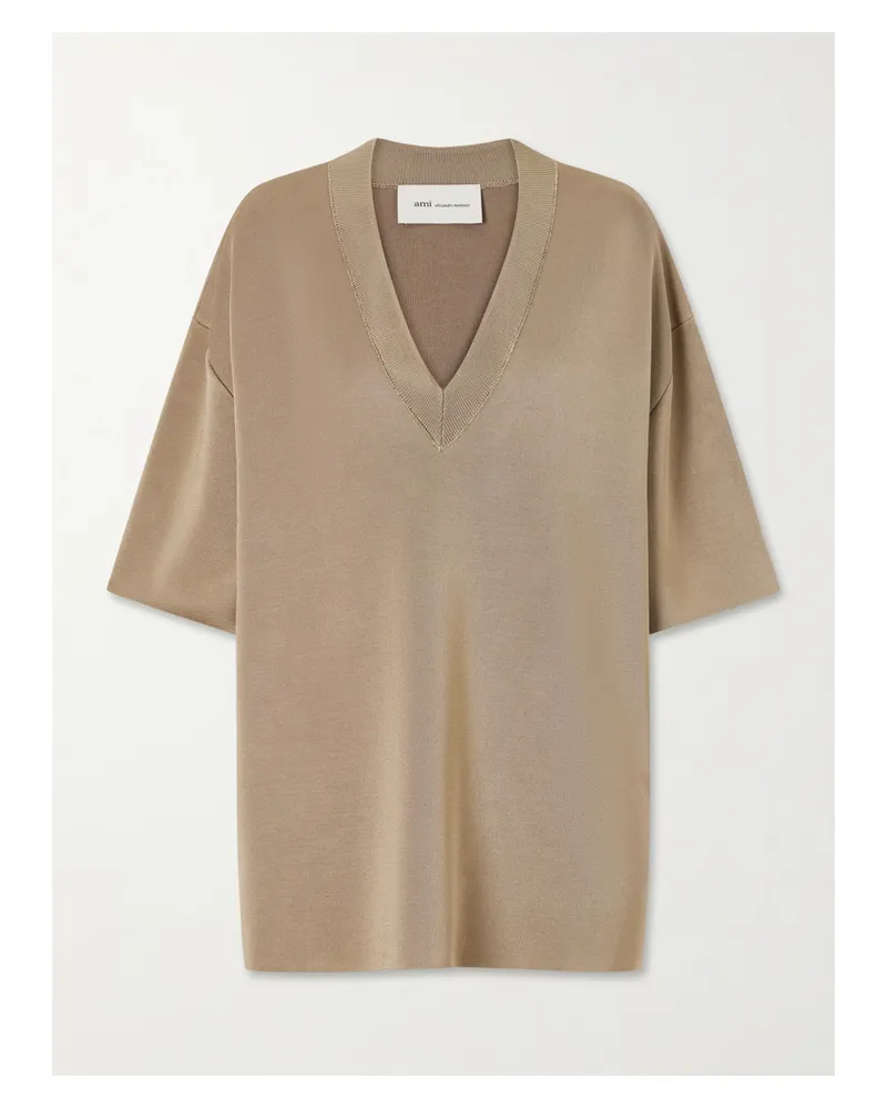 AMI Paris Double-faced Satin-jersey And Wool Sweater - Brown Brown