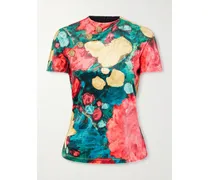 Embellished Floral-print Velvet T-shirt - Green