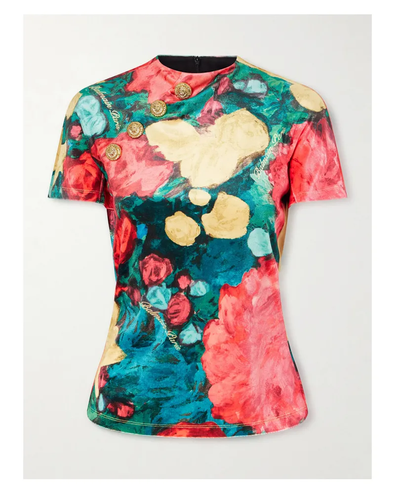 Balmain Embellished Floral-print Velvet T-shirt - Green Green