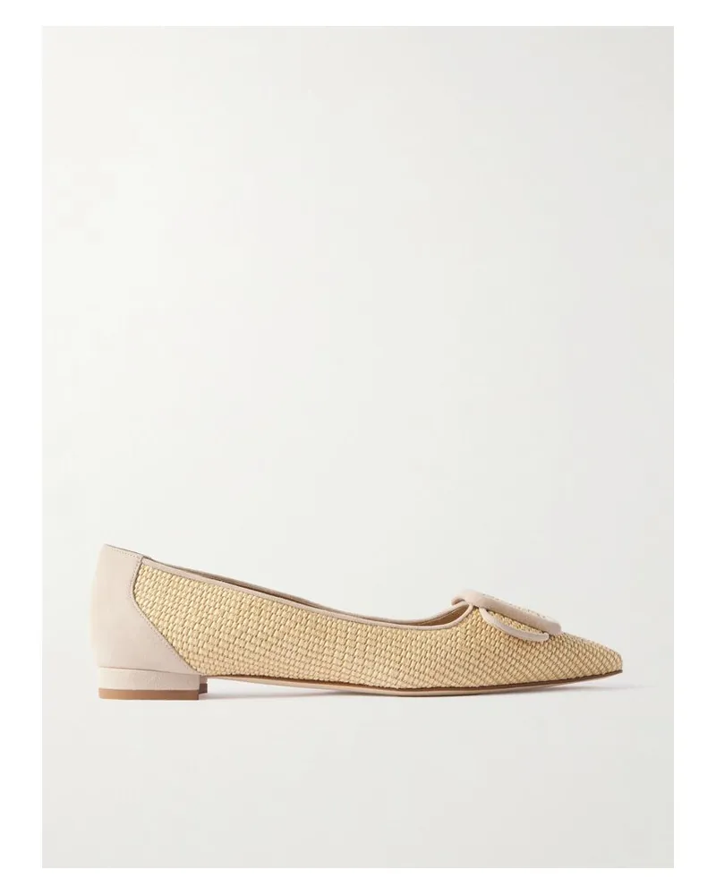 Manolo Blahnik Maysale Ballerinas Mit Spitzer Kappe Aus Raffiabast Mit Velourslederbesätzen - Creme Creme