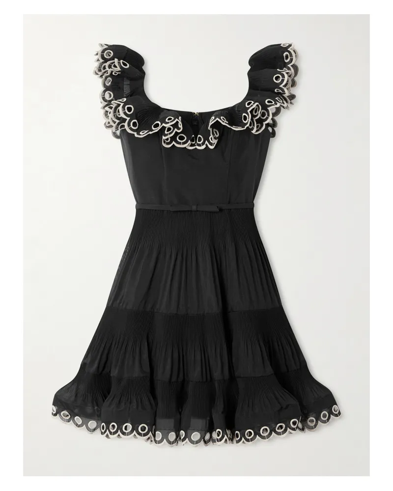Zimmermann Minikleid Aus Organza Mit Raffungen, Rüschen, Stickereien Und Gürtel - Schwarz Schwarz