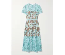 Midikleid Aus Satin Und Guipure-spitze Mit Stickereien Und Ripsbandbesatz - Blau