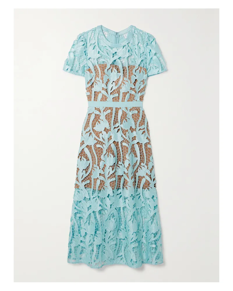 Self-Portrait Midikleid Aus Satin Und Guipure-spitze Mit Stickereien Und Ripsbandbesatz - Blau Blau