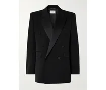 Double-breasted Satin-trimmed Wool Blazer - Black
