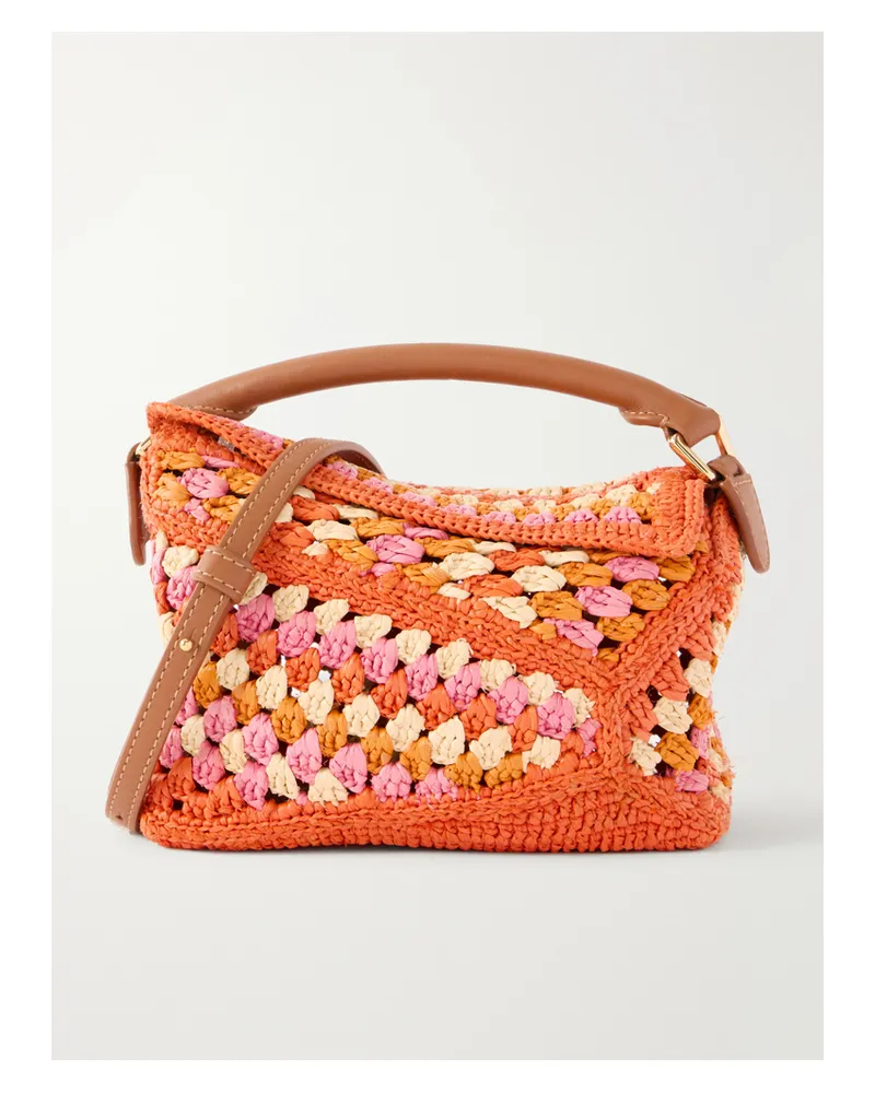 Loewe Paula's Ibiza Puzzle Edge Mini Leather-trimmed Crocheted Raffia Shoulder Bag - Orange Orange