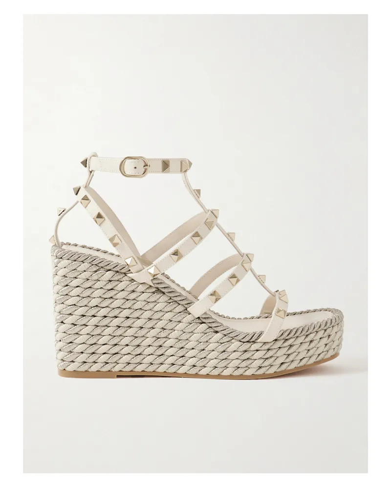 Valentino Garavani Rockstud Torchon 105 Leather Espadrille Wedge Sandals - Ivory Ivory