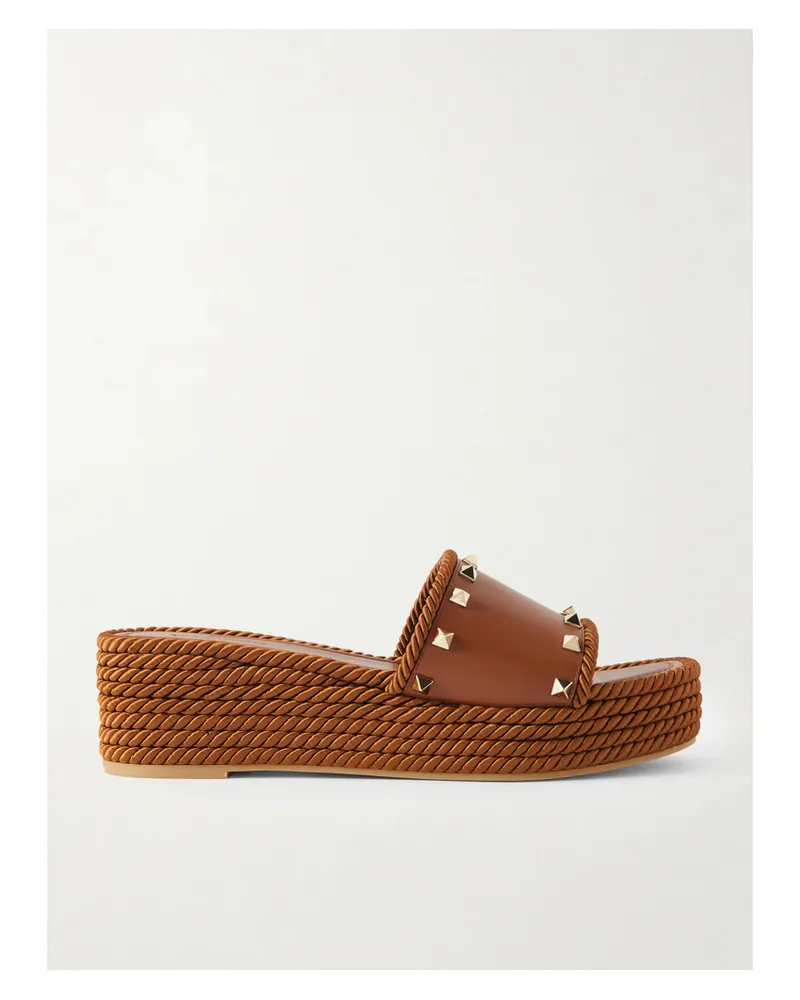Valentino Garavani Rockstud Torchon Rope-trimmed Leather Platform Espadrille Slides - Brown Brown