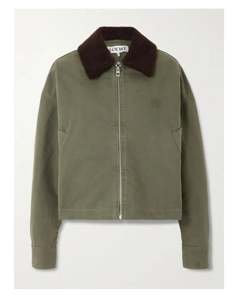Loewe Jacke Aus Baumwoll-drillich Mit Shearling-besatz - Grün Grün