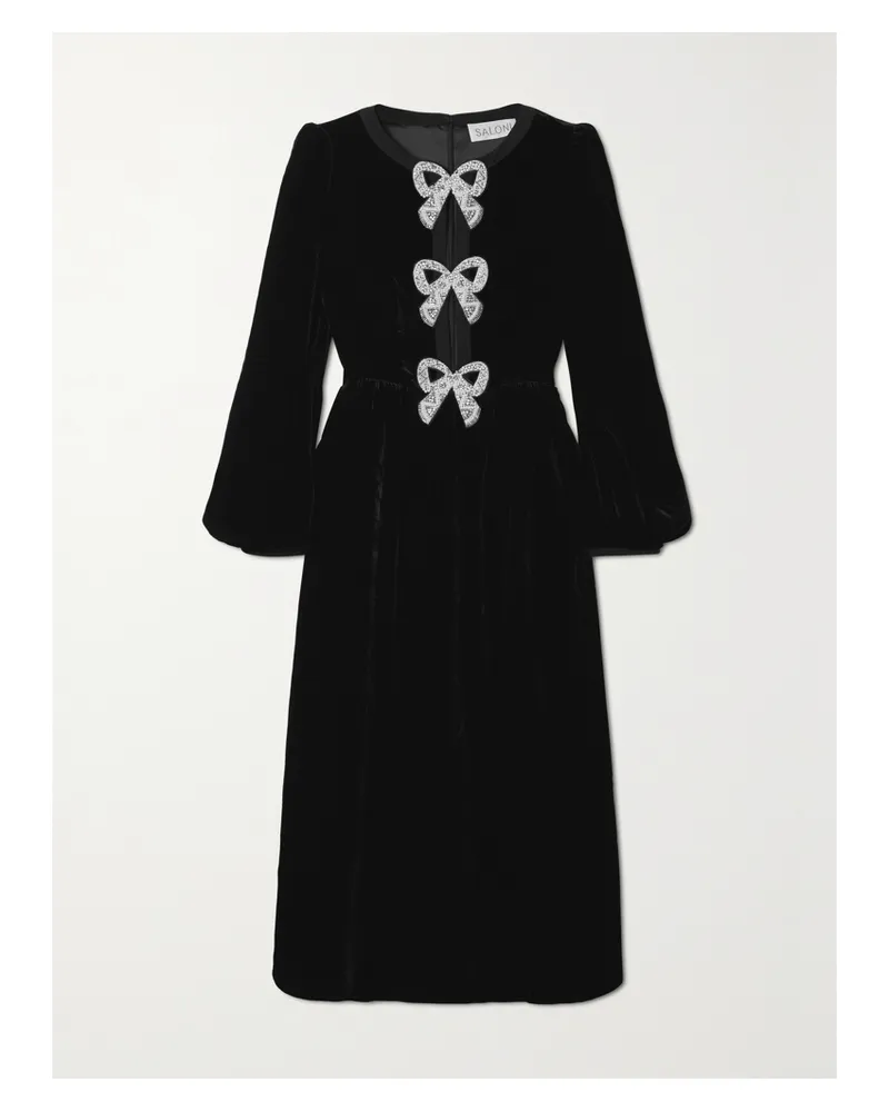 Saloni Camille Bow-embellished Velvet Midi Dress - Black Black