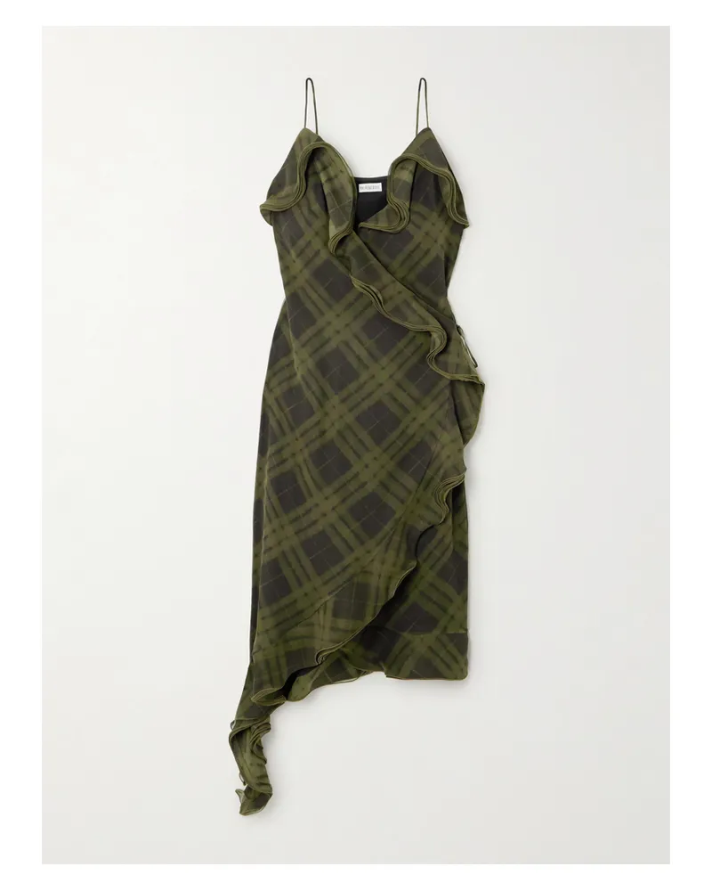Burberry Asymmetrisches Kleid Aus Kariertem Seiden-crêpe Mit Volants - Grün Grün