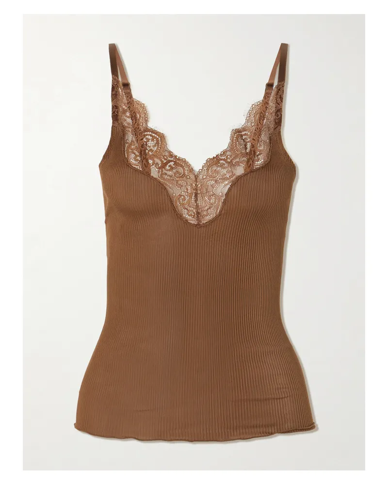Saint Laurent Top Aus Geripptem Seiden-jersey Mit Spitzenbesatz - Braun Braun