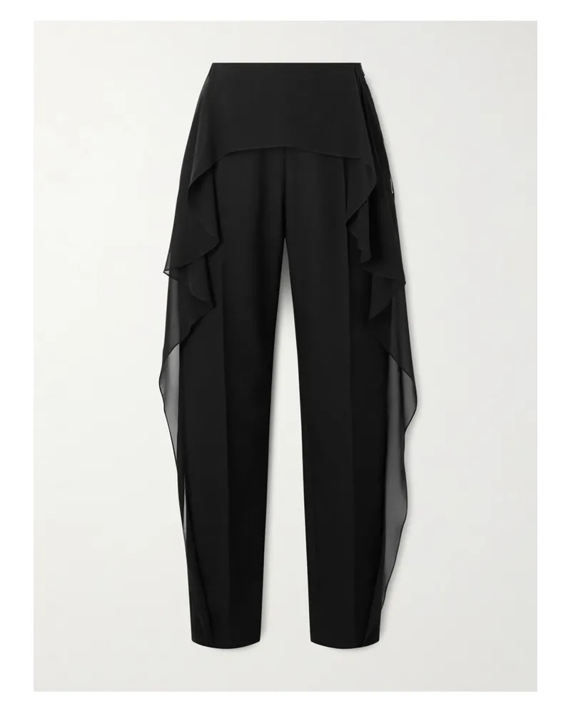 Lanvin Layered Wool-twill And Ruffled Silk-chiffon Slim-leg Pants - Black Black