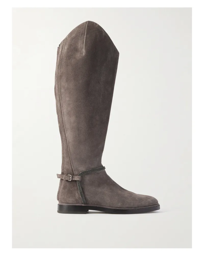 Brunello Cucinelli Kniehohe Stiefel Aus Veloursleder Mit Schnallen Und Zierperlen - Braun Braun