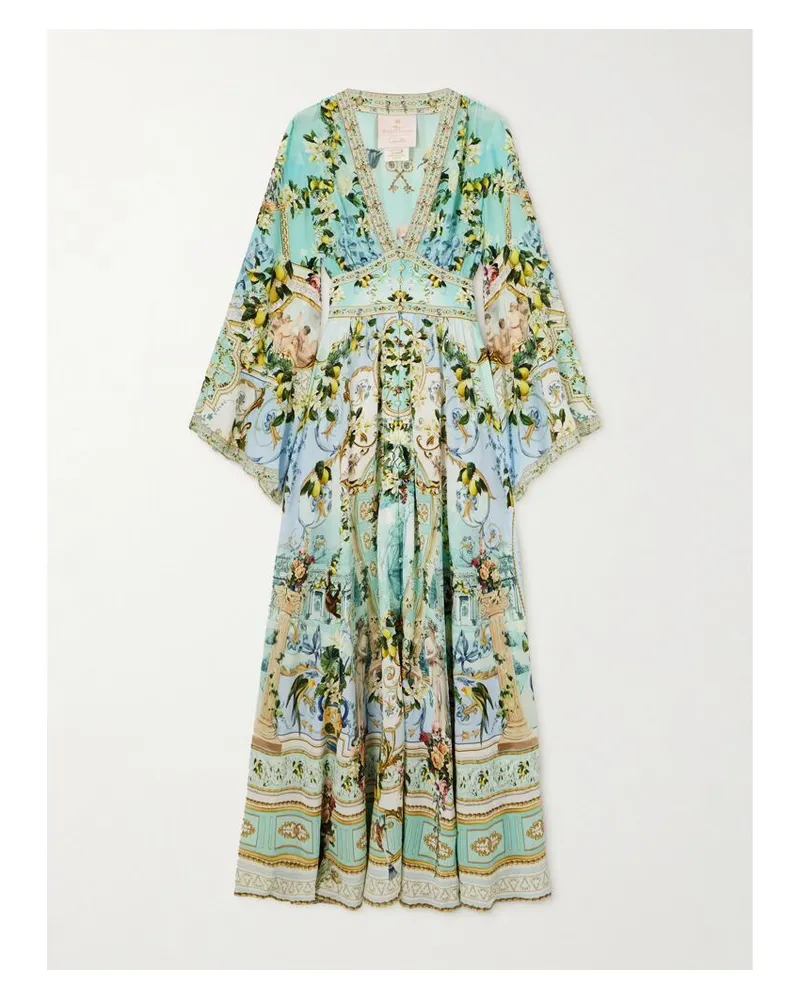 Camilla The White Lotus Maxikleid Aus Bedrucktem Seidensatin Mit Kristallen - Blau Blau
