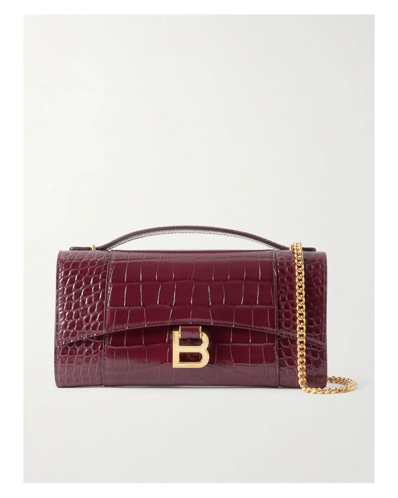 Balenciaga Hourglass Croc-effect Patent-leather Shoulder Bag - Burgundy Burgundy
