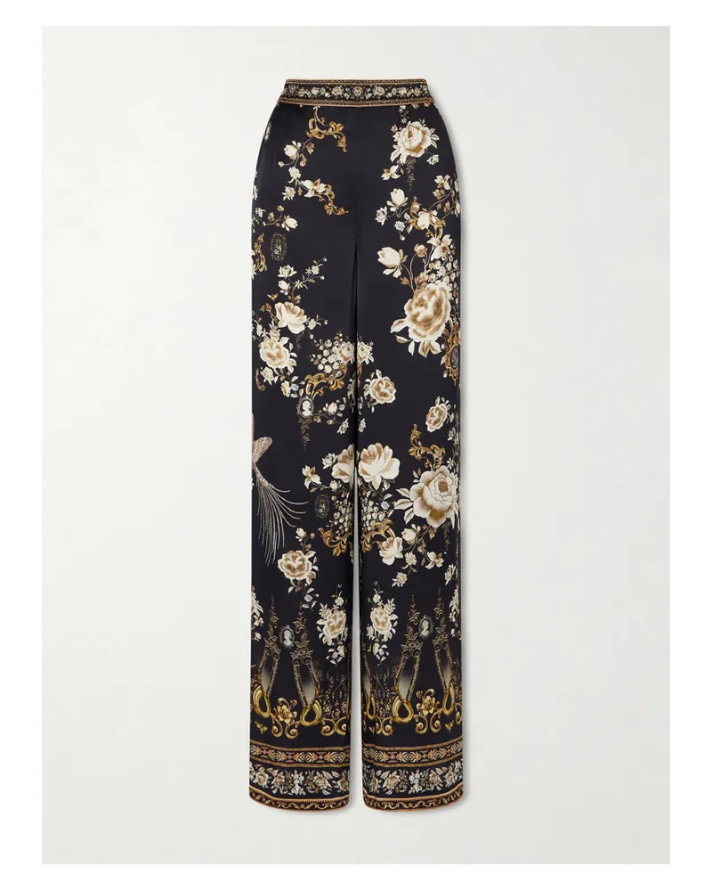 Camilla Embellished Embroidered Printed Silk-satin Pants - Black Black