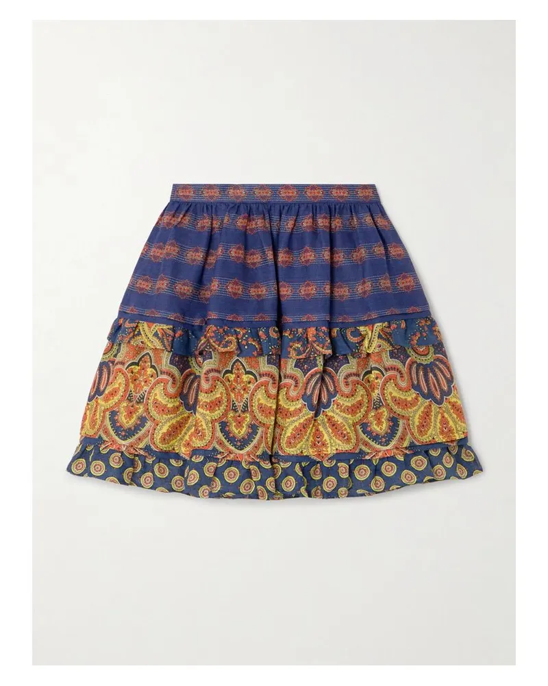 Valentino Garavani Minirock Aus Leinen Mit Paisley-print, Rüschen Und Stickereien - Blau Blau