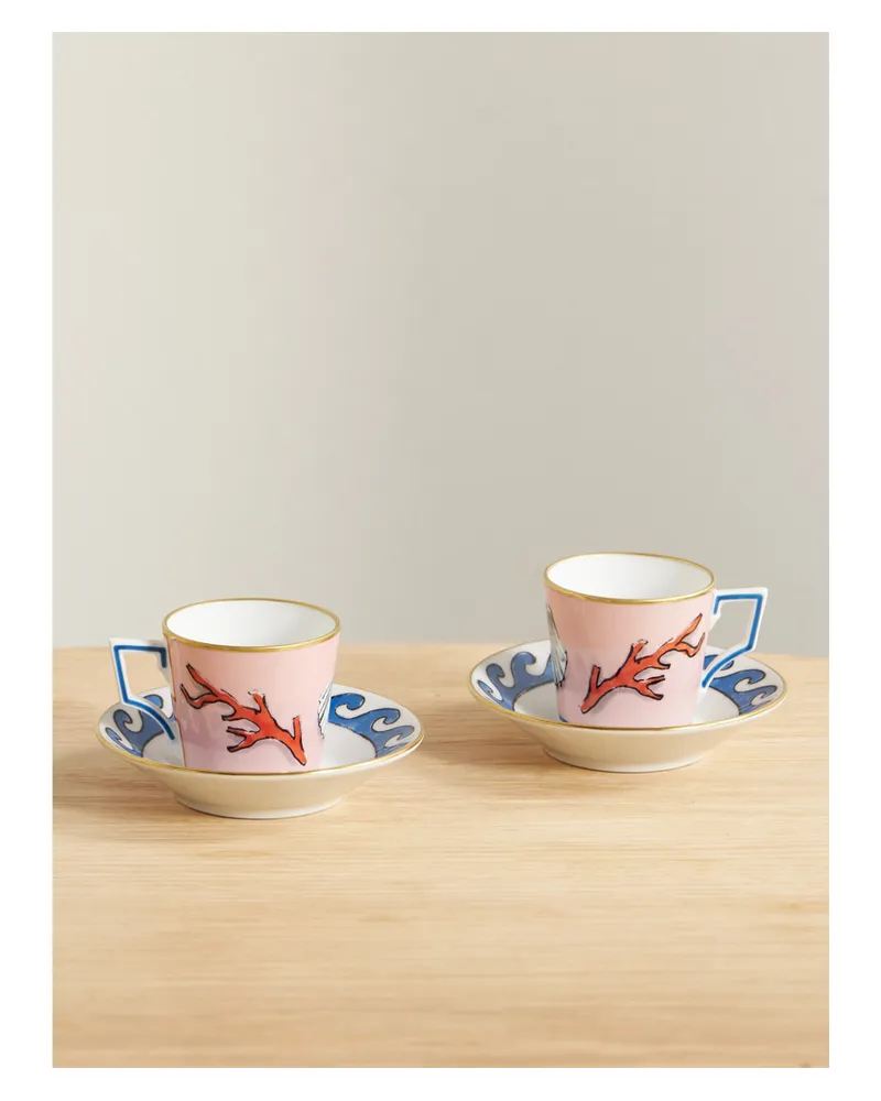 Ginori 1735 Luke Edward Hall Il Viaggio Di Nettuno Set Aus Zwei Porzellantassen Und -untertassen Mit Vergoldeten Details - Pink Pink