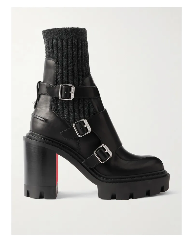 Christian Louboutin Cortinetta College 100 Ankle Boots Aus Leder Mit Besätzen Aus Rippstrick - Schwarz Schwarz