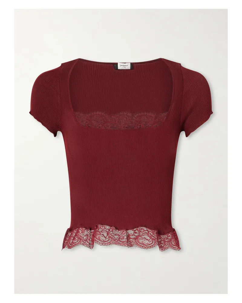 Saint Laurent Cropped Leavers Lace-trimmed Ribbed Silk-jersey Top - Burgundy Burgundy