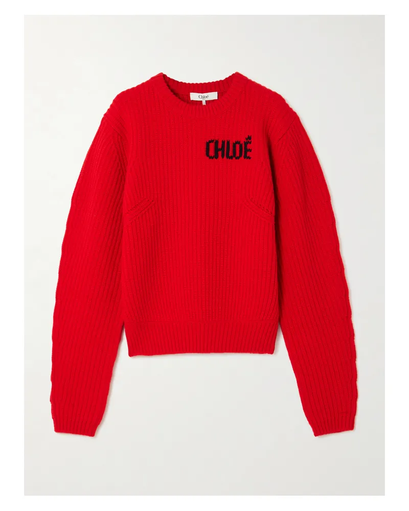 Chloé Rippstrickpullover Aus Einer Woll-kaschmirmischung Mit Logodetail - Rot Rot