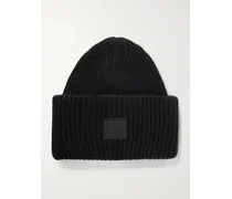 Beanie Aus Einer Woll-yakhaarmischung In Rippstrick Mit Applikation - Schwarz