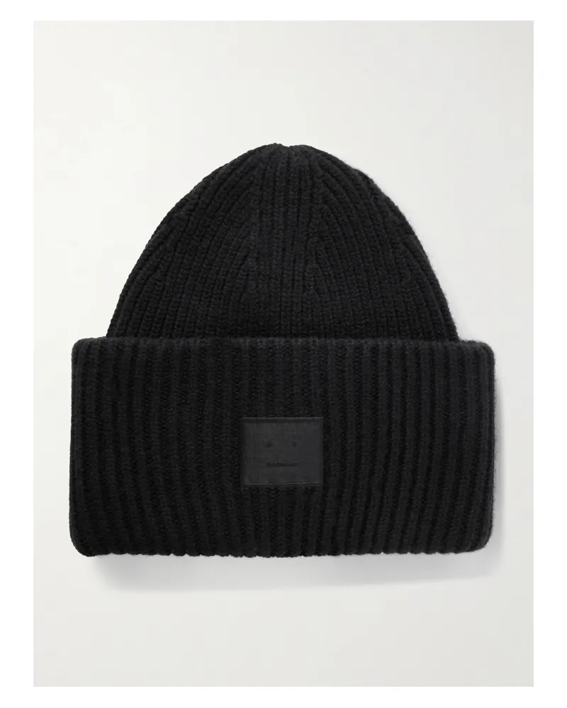 Acne Studios Beanie Aus Einer Woll-yakhaarmischung In Rippstrick Mit Applikation - Schwarz Schwarz