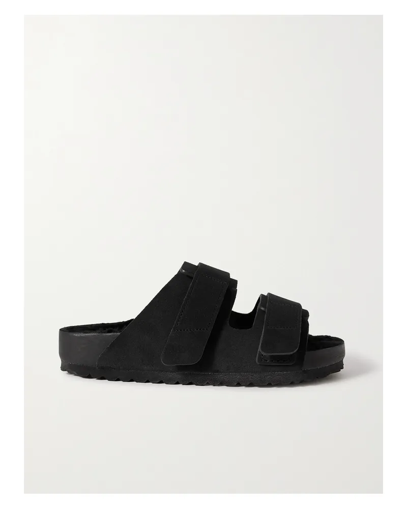 Birkenstock Tekla Uji Pantoletten Aus Veloursleder Mit Shearling-futter - Schwarz Schwarz