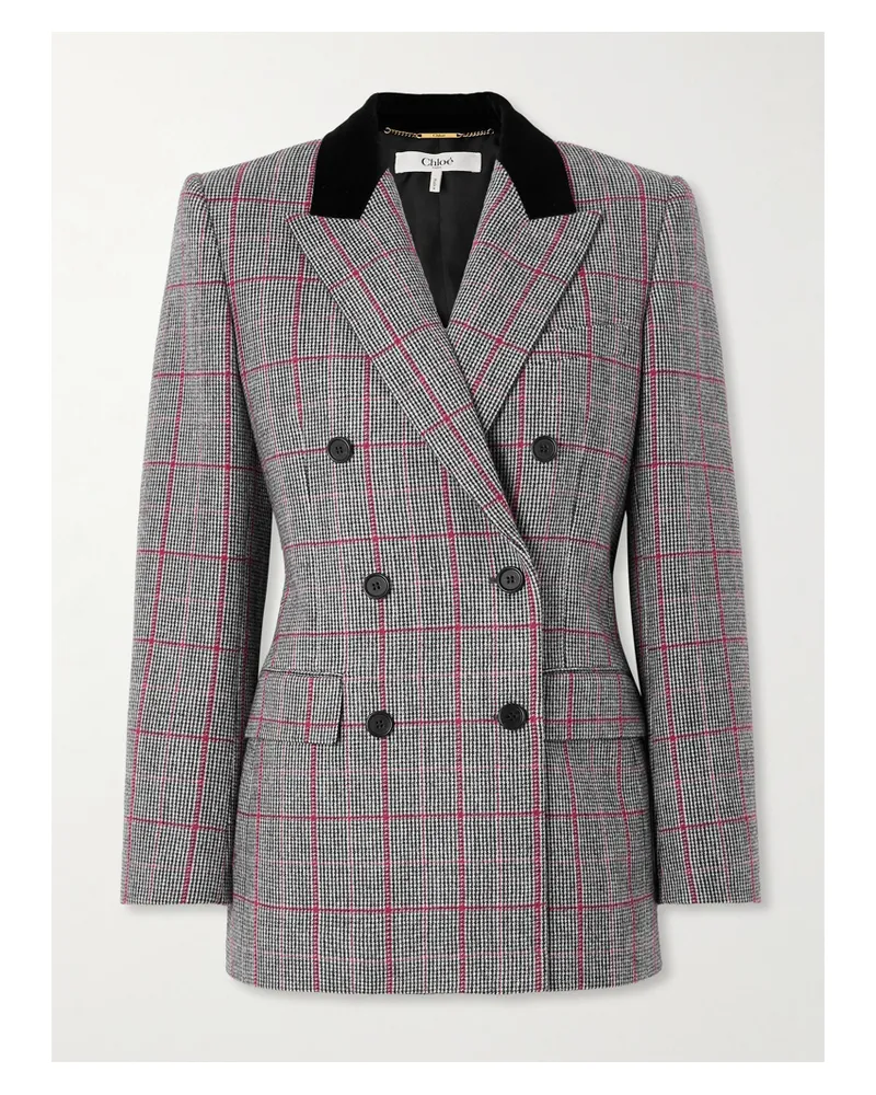 Chloé Doppelreihiger Blazer Aus Karierter Wolle Mit Samtbesatz - Schwarz Schwarz