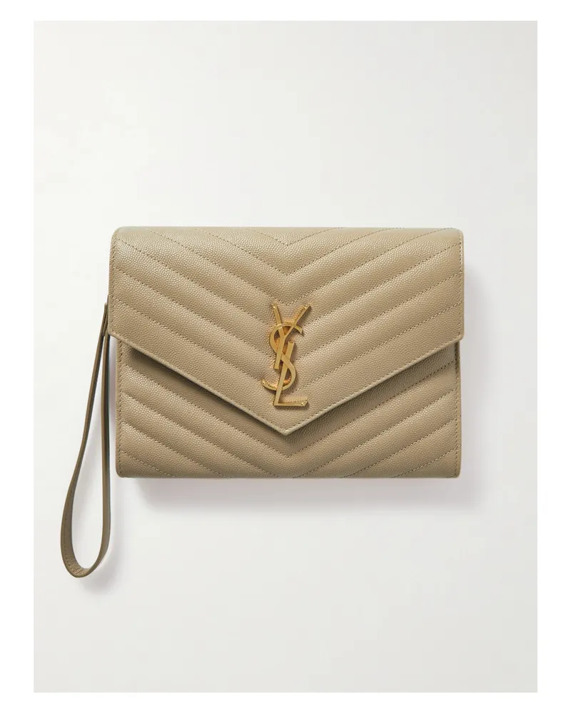 Saint Laurent Monogramme Quilted Textured-leather Pouch - Neutrals Neutrals