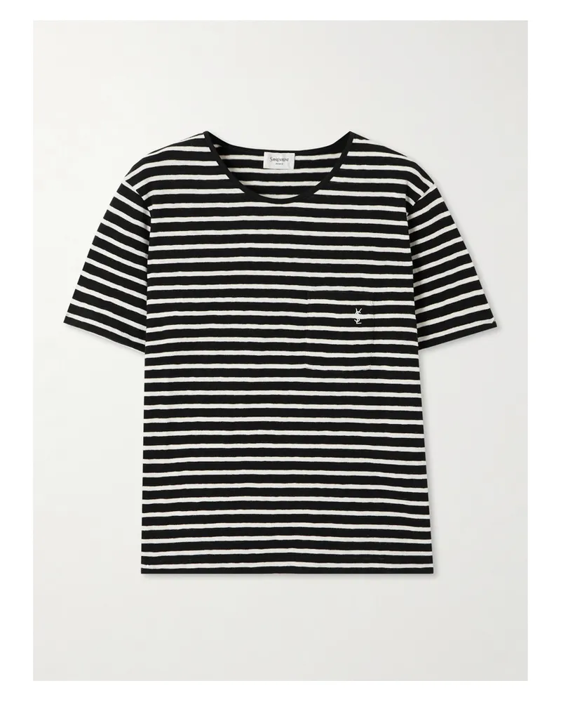 Saint Laurent T-shirt Aus Gestreiftem Baumwoll-jersey Mit Stickerei - Schwarz Schwarz