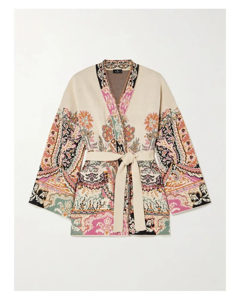 Etro Cardigan Aus Jacquard-strick Aus Einer Mischung Aus Seide, Baumwolle Und Leinen Mit Bindegürtel - Creme Creme